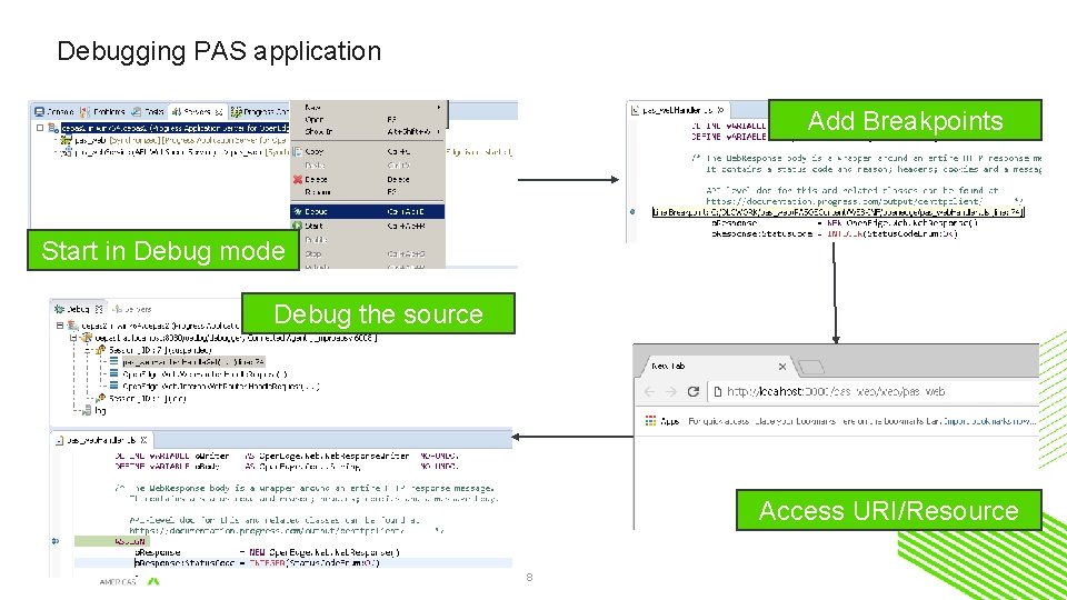 Debugging PAS application Add Breakpoints Start in Debug mode Debug the source Access URI/Resource