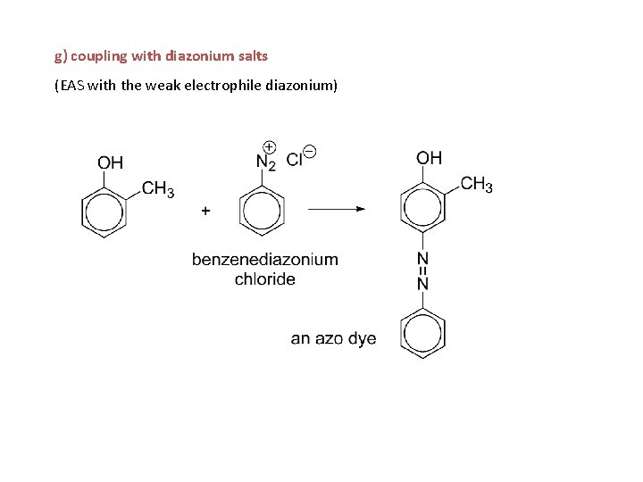 g) coupling with diazonium salts (EAS with the weak electrophile diazonium) 