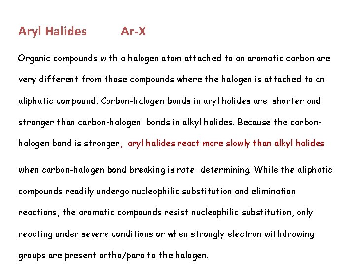 Aryl Halides Ar-X Organic compounds with a halogen atom attached to an aromatic carbon