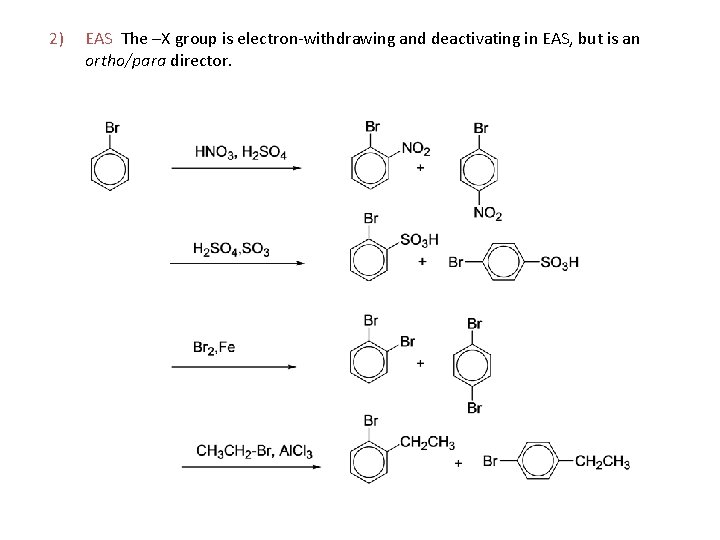 2) EAS The –X group is electron-withdrawing and deactivating in EAS, but is an