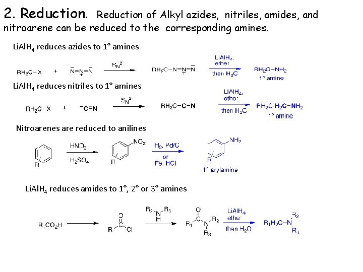 2. Reduction of Alkyl azides, nitriles, amides, and nitroarene can be reduced to the
