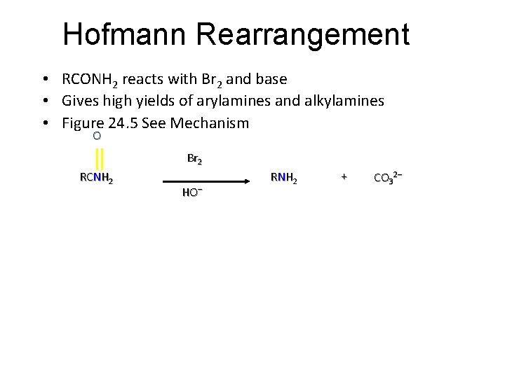 Hofmann Rearrangement • RCONH 2 reacts with Br 2 and base • Gives high