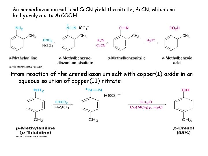 An arenediazonium salt and Cu. CN yield the nitrile, Ar. CN, which can be