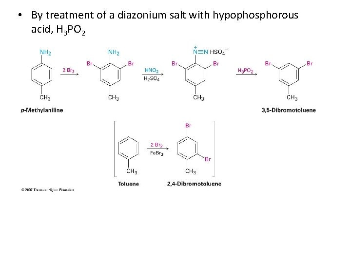  • By treatment of a diazonium salt with hypophosphorous acid, H 3 PO