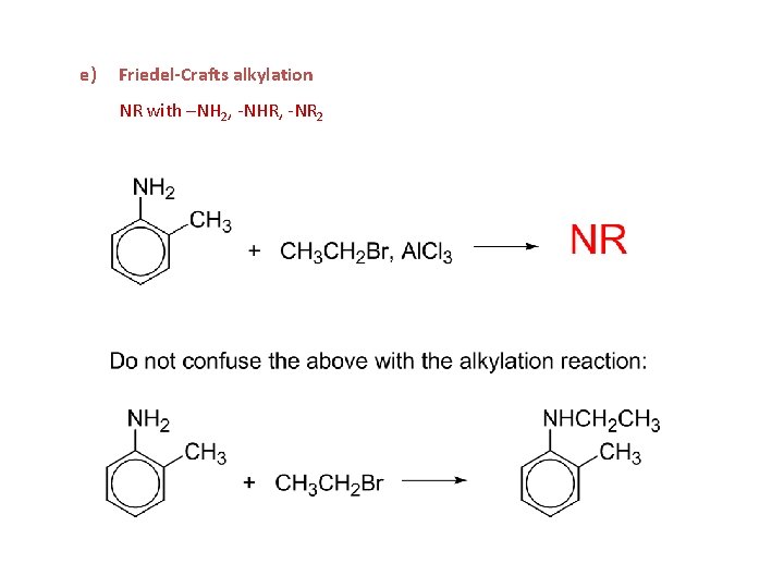 e) Friedel-Crafts alkylation NR with –NH 2, -NHR, -NR 2 