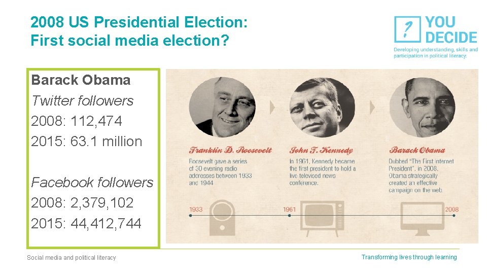 2008 US Presidential Election: First social media election? Barack Obama Twitter followers 2008: 112,