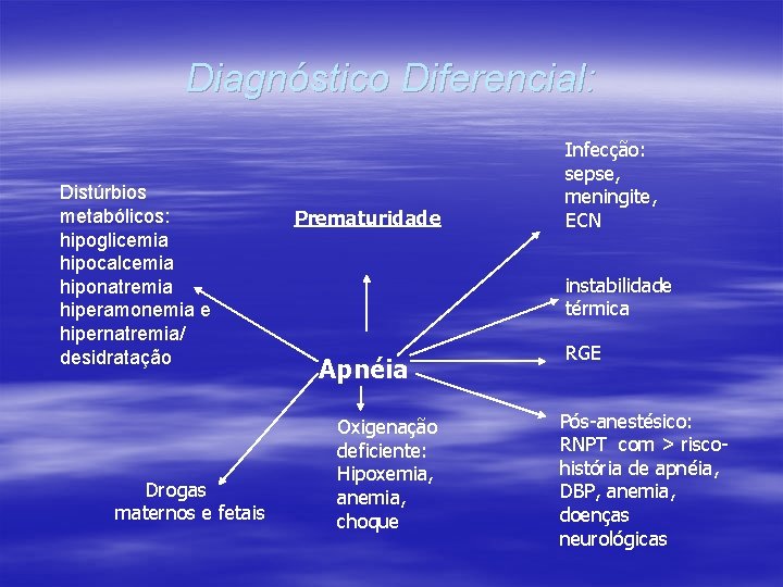 Diagnóstico Diferencial: Distúrbios metabólicos: hipoglicemia hipocalcemia hiponatremia hiperamonemia e hipernatremia/ desidratação Drogas maternos e