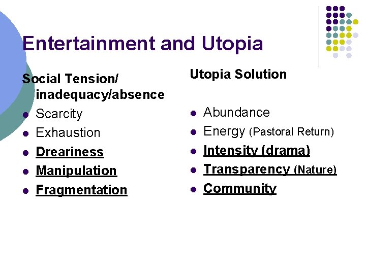 Entertainment and Utopia Social Tension/ inadequacy/absence l Scarcity l Exhaustion l Dreariness l Manipulation