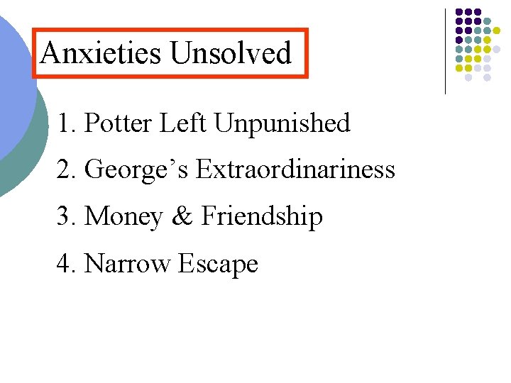 Anxieties Unsolved 1. Potter Left Unpunished 2. George’s Extraordinariness 3. Money & Friendship 4.