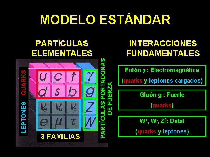 MODELO ESTÁNDAR 3 FAMILIAS INTERACCIONES FUNDAMENTALES PARTÍCULAS PORTADORAS DE FUERZA LEPTONES QUARKS PARTÍCULAS ELEMENTALES