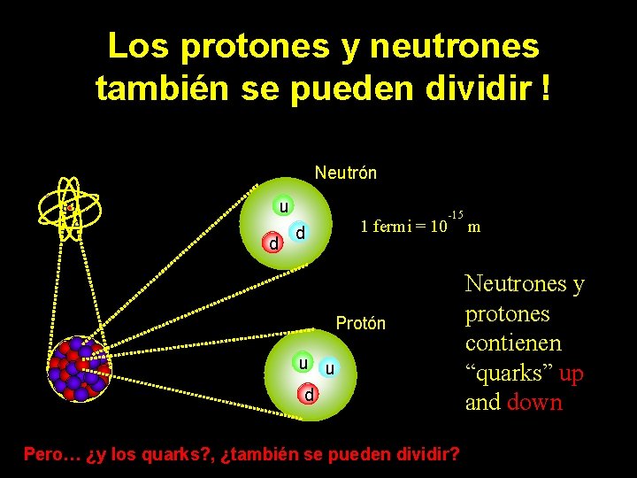 Los protones y neutrones también se pueden dividir ! Neutrón u d 1 fermi