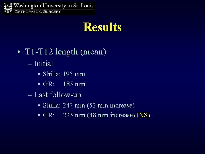 Results • T 1 -T 12 length (mean) – Initial • Shilla: 195 mm