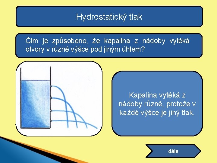 Hydrostatický tlak Čím je způsobeno, že kapalina z nádoby vytéká otvory v různé výšce