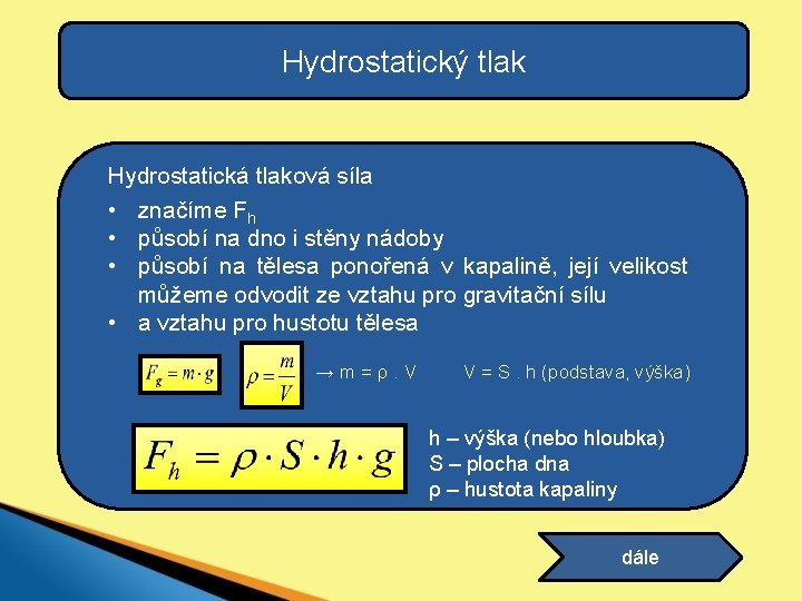 Hydrostatický tlak Hydrostatická tlaková síla • značíme Fh • působí na dno i stěny