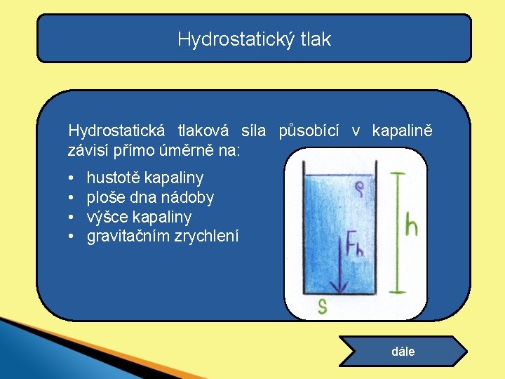 Hydrostatický tlak Hydrostatická tlaková síla působící v kapalině závisí přímo úměrně na: • •