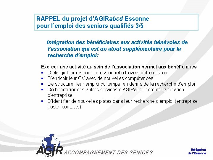 RAPPEL du projet d’AGIRabcd Essonne pour l’emploi des seniors qualifiés 3/5 Intégration des bénéficiaires