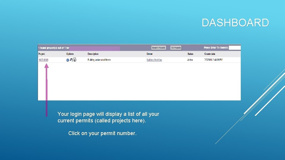 DASHBOARD Your login page will display a list of all your current permits (called