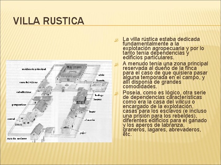 VILLA RUSTICA La villa rústica estaba dedicada fundamentalmente a la explotación agropecuaria y por