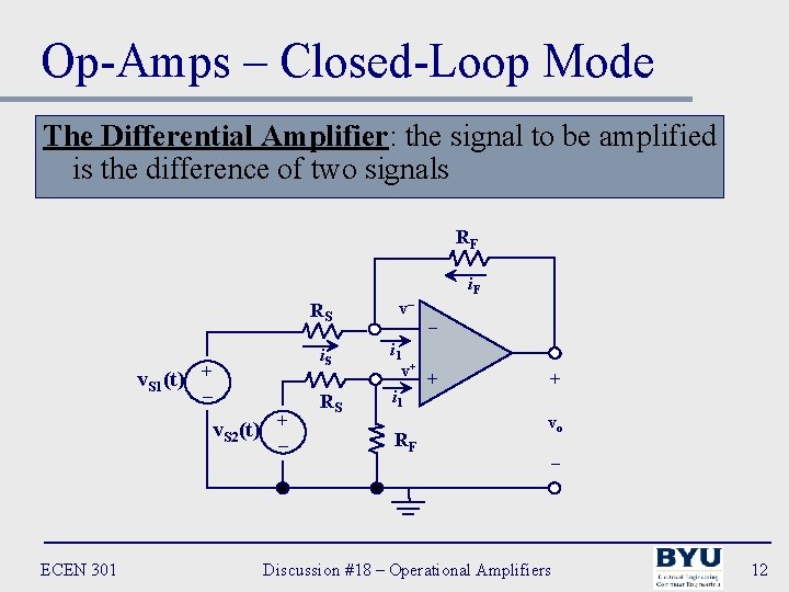 Op-Amps – Closed-Loop Mode The Differential Amplifier: the signal to be amplified is the