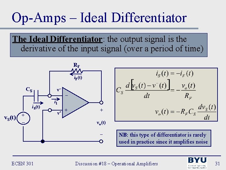 Op-Amps – Ideal Differentiator The Ideal Differentiator: the output signal is the derivative of