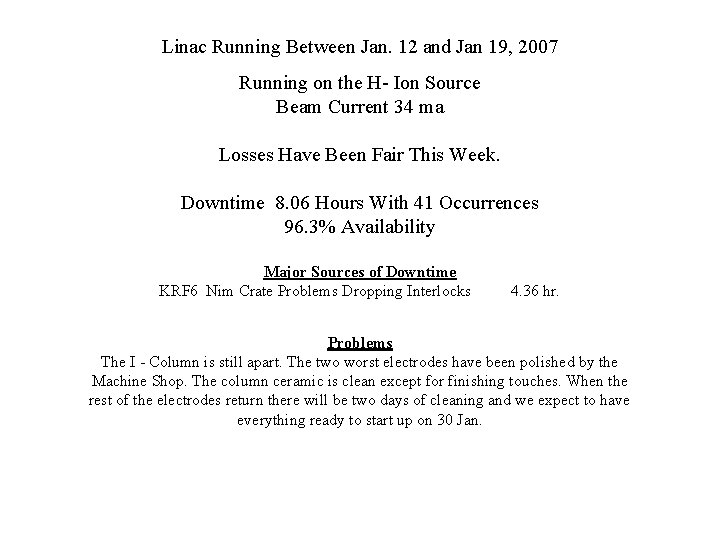 Linac Running Between Jan. 12 and Jan 19, 2007 Running on the H- Ion