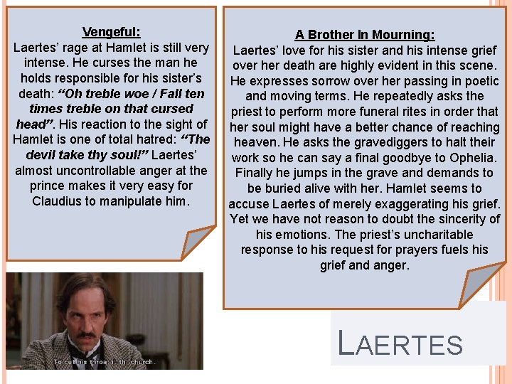 Vengeful: Laertes’ rage at Hamlet is still very intense. He curses the man he