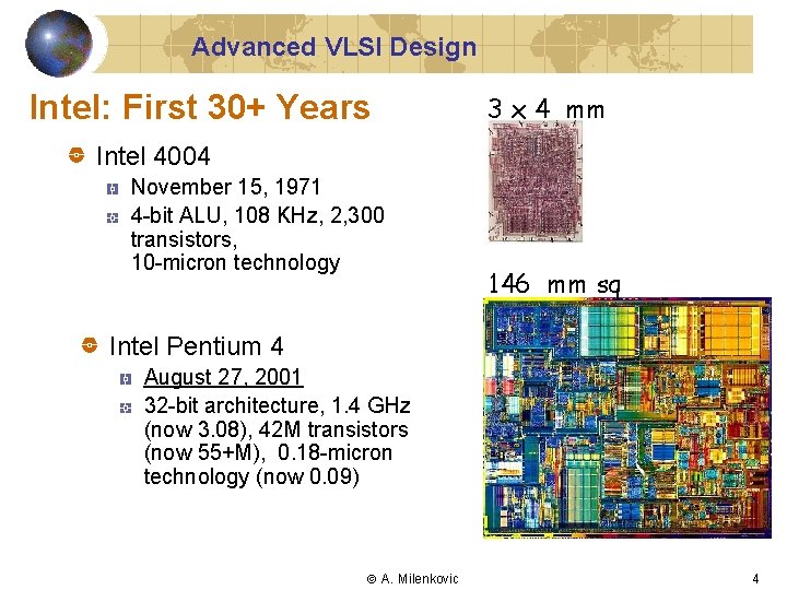 Advanced VLSI Design Intel: First 30+ Years 3 x 4 mm Intel 4004 November