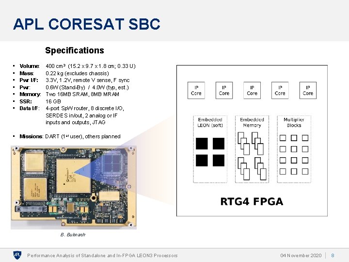 APL CORESAT SBC Specifications • • Volume: Mass: Pwr I/F: Pwr: Memory: SSR: Data