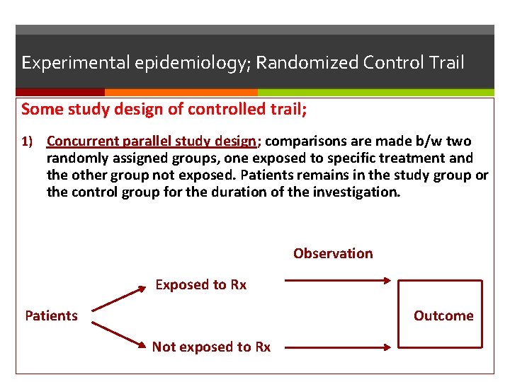 Experimental epidemiology; Randomized Control Trail Some study design of controlled trail; 1) Concurrent parallel