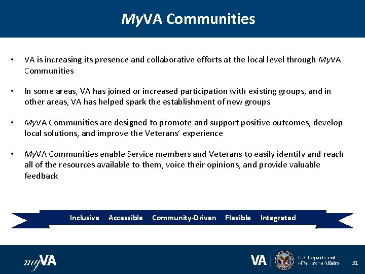 My. VA Communities • VA is increasing its presence and collaborative efforts at the