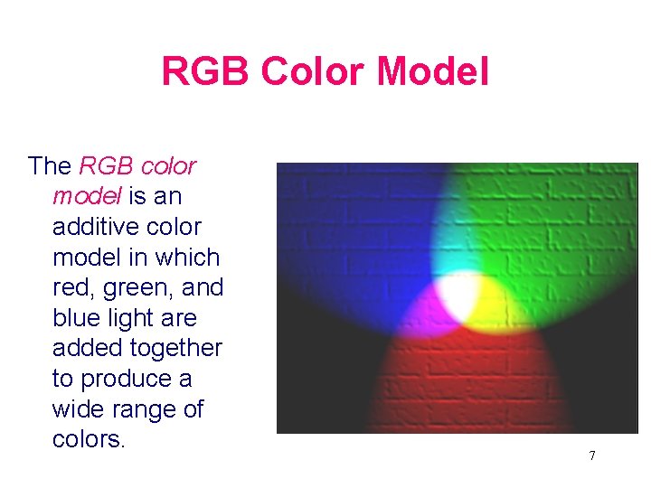 RGB Color Model The RGB color model is an additive color model in which