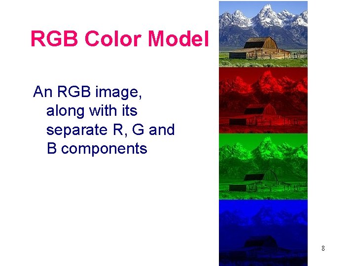 RGB Color Model An RGB image, along with its separate R, G and B