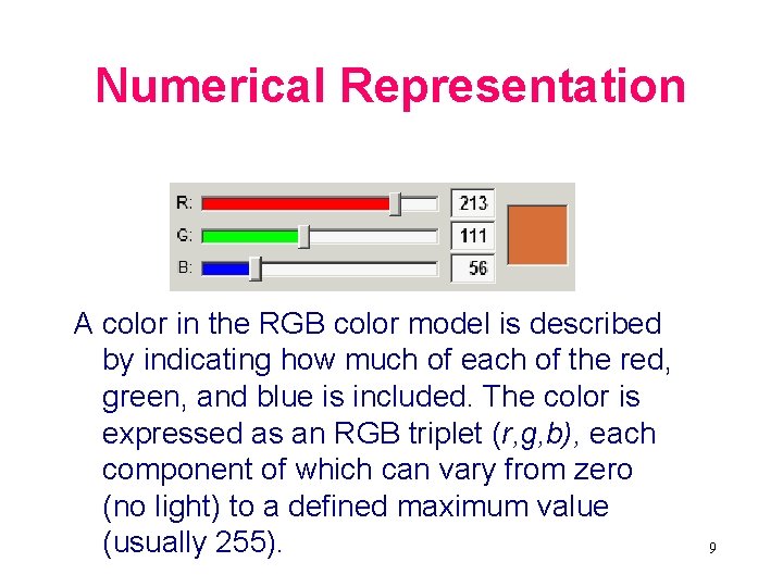 Numerical Representation A color in the RGB color model is described by indicating how