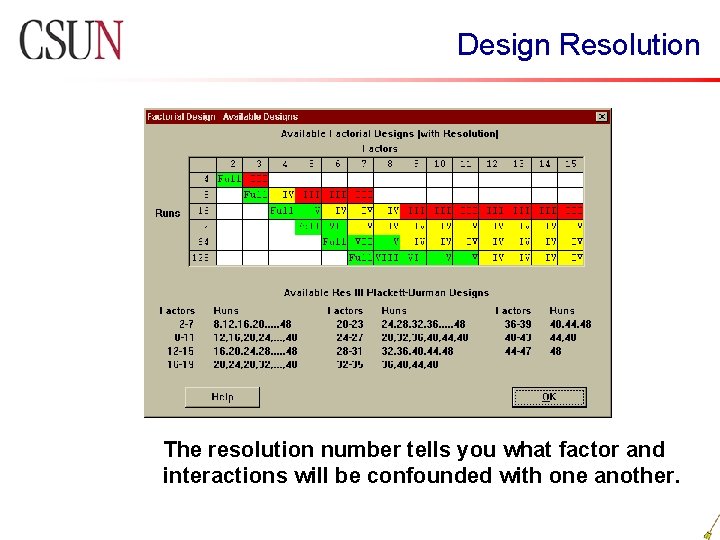 Design Resolution The resolution number tells you what factor and interactions will be confounded