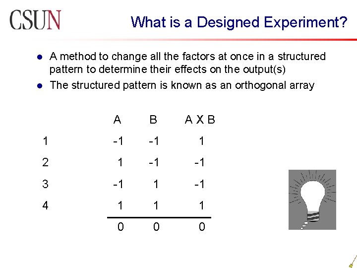 What is a Designed Experiment? A method to change all the factors at once