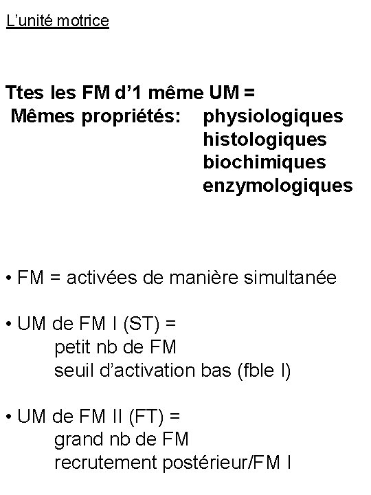 L’unité motrice Ttes les FM d’ 1 même UM = Mêmes propriétés: physiologiques histologiques
