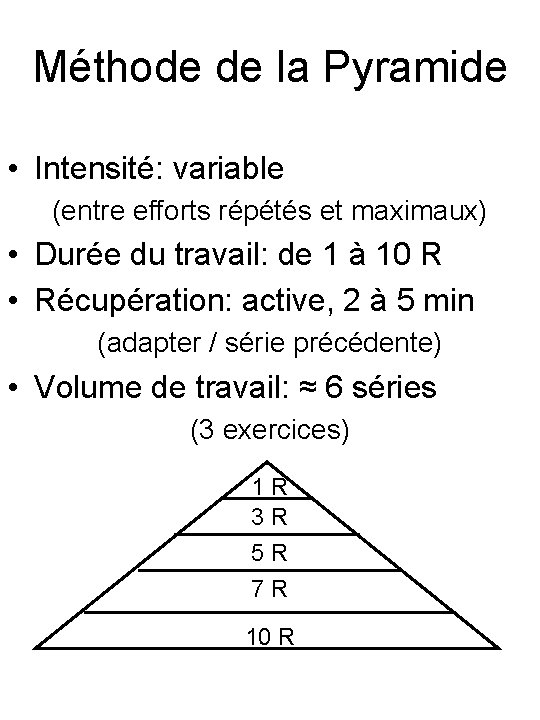 Méthode de la Pyramide • Intensité: variable (entre efforts répétés et maximaux) • Durée