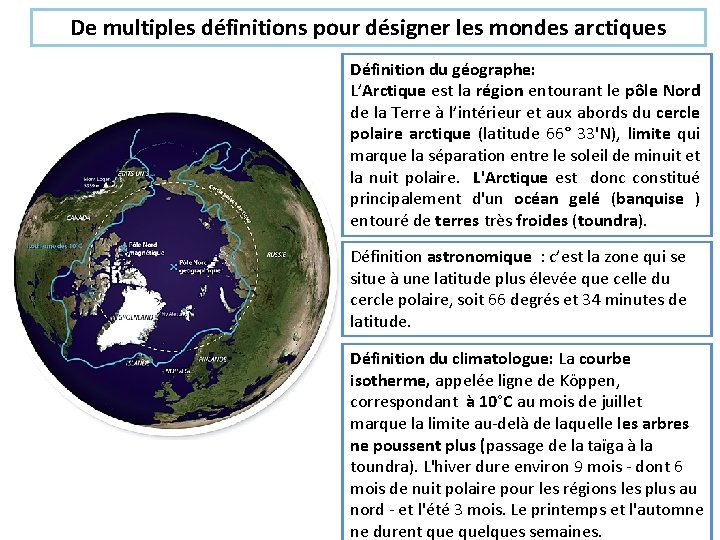 De multiples définitions pour désigner les mondes arctiques Définition du géographe: L’Arctique est la