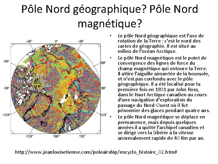 Pôle Nord géographique? Pôle Nord magnétique? • • • Le pôle Nord géographique est