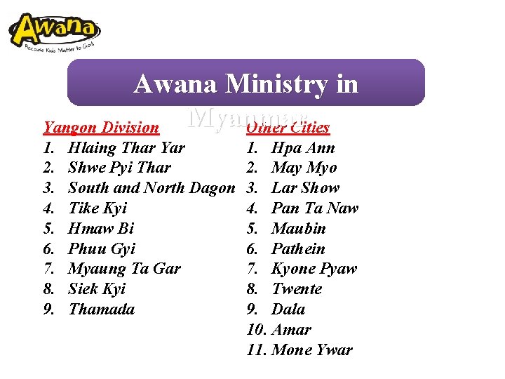 Awana Ministry in Myanmar Other Cities Yangon Division 1. 2. 3. 4. 5. 6.