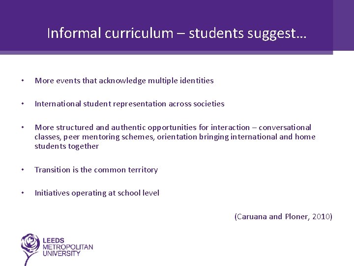 Informal curriculum – students suggest… • More events that acknowledge multiple identities • International