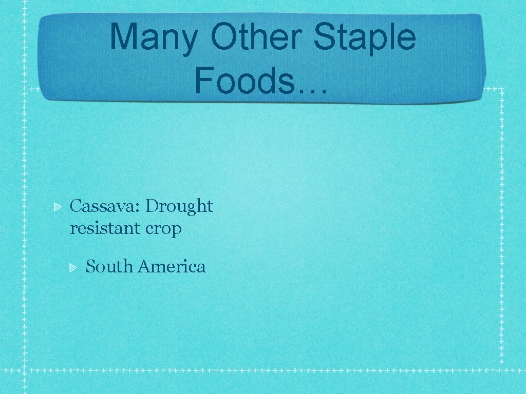 Many Other Staple Foods… Cassava: Drought resistant crop South America 