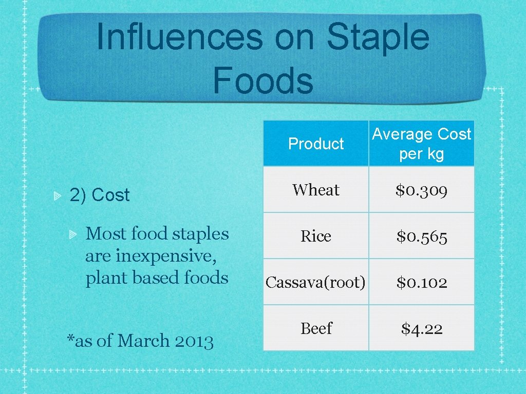 Influences on Staple Foods 2) Cost Most food staples are inexpensive, plant based foods