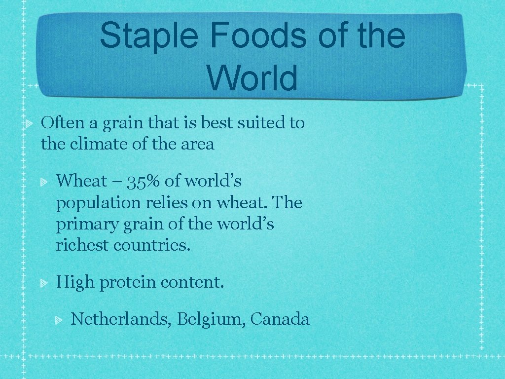 Staple Foods of the World Often a grain that is best suited to the