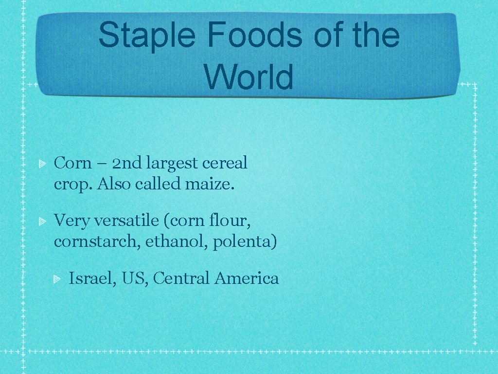 Staple Foods of the World Corn – 2 nd largest cereal crop. Also called