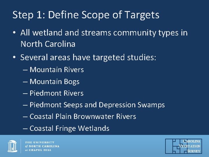 Step 1: Define Scope of Targets • All wetland streams community types in North