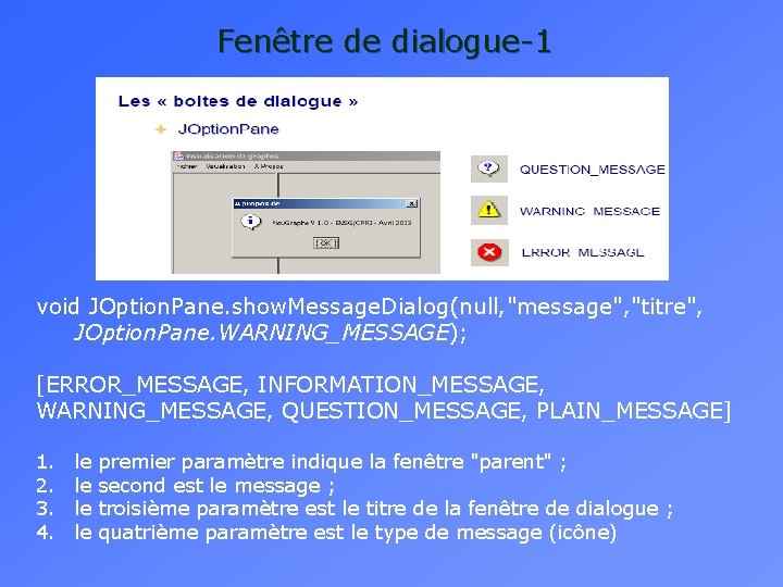 Fenêtre de dialogue-1 void JOption. Pane. show. Message. Dialog(null, "message", "titre", JOption. Pane. WARNING_MESSAGE);