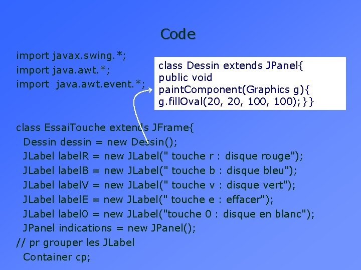 Code import javax. swing. *; import java. awt. event. *; class Dessin extends JPanel{