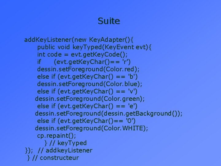 Suite add. Key. Listener(new Key. Adapter(){ public void key. Typed(Key. Event evt){ int code