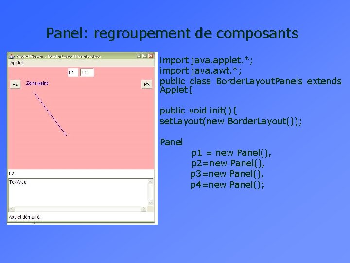 Panel: regroupement de composants import java. applet. *; import java. awt. *; public class